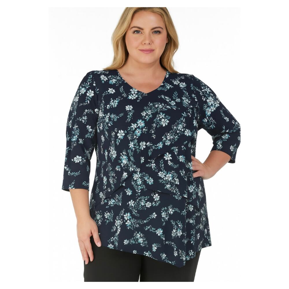 Catherine's Petite 14/16 Navy Floral Tiered Tunic Top V-Neck Stretch Jersey Knit
